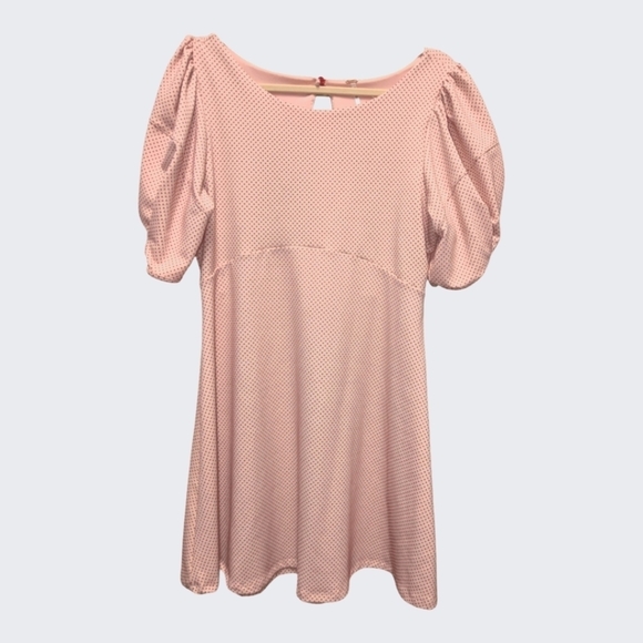 Free People Penelope mini dress pink polka dot puff sleeve fit and flare - Picture 2 of 6